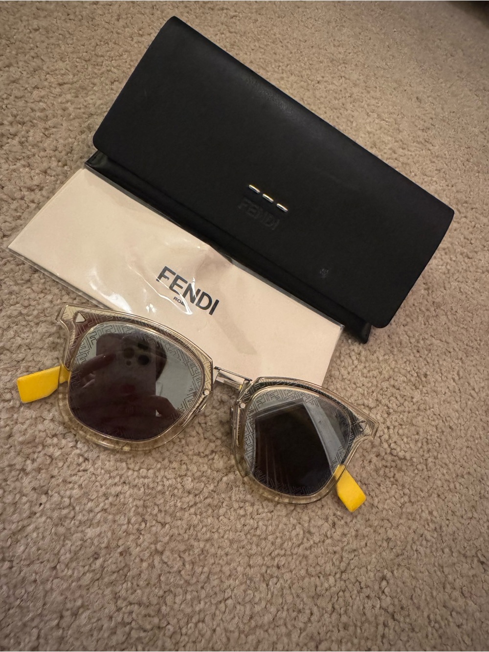 Fendi Clear Frame Sunglasses with Black Lenses and Yellow Temple Tips